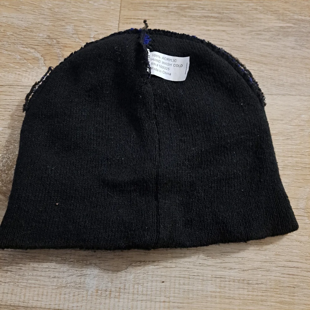 Toddler's Yellow Black Smiley Face on Blue Black Trim Beanie One Size